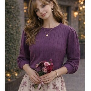 Vintage Personal Purple Pointelle Knit Puff Shoulder M Sweater Crew Neck Plum